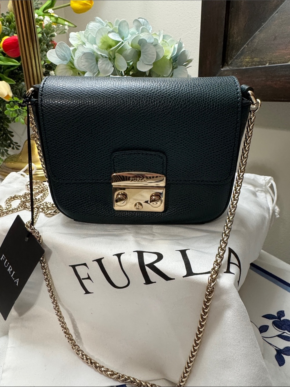 Furla Metropolis Mini Petrolio Leather Crossbody Bag